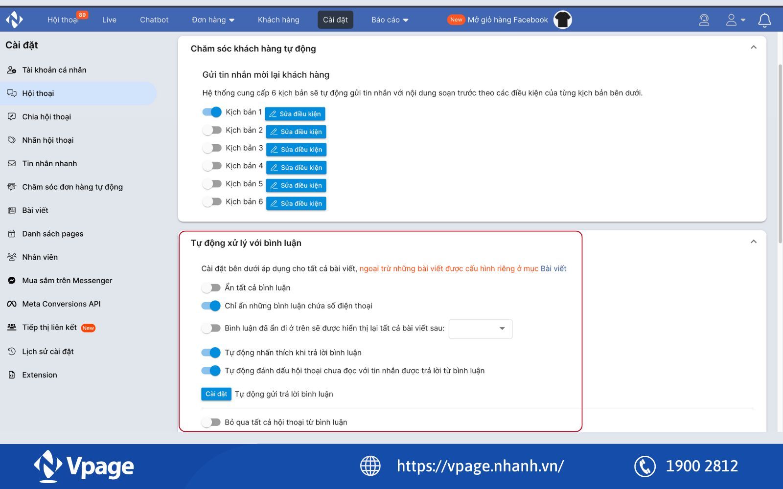 Tính năng ẩn bình luận chứa số điện thoại của khách hàng trên Vpage